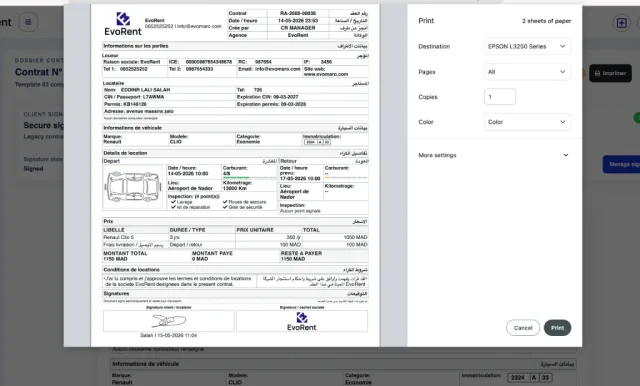 Aperçu de contrat de location EvoRent avec détails du véhicule et signature électronique